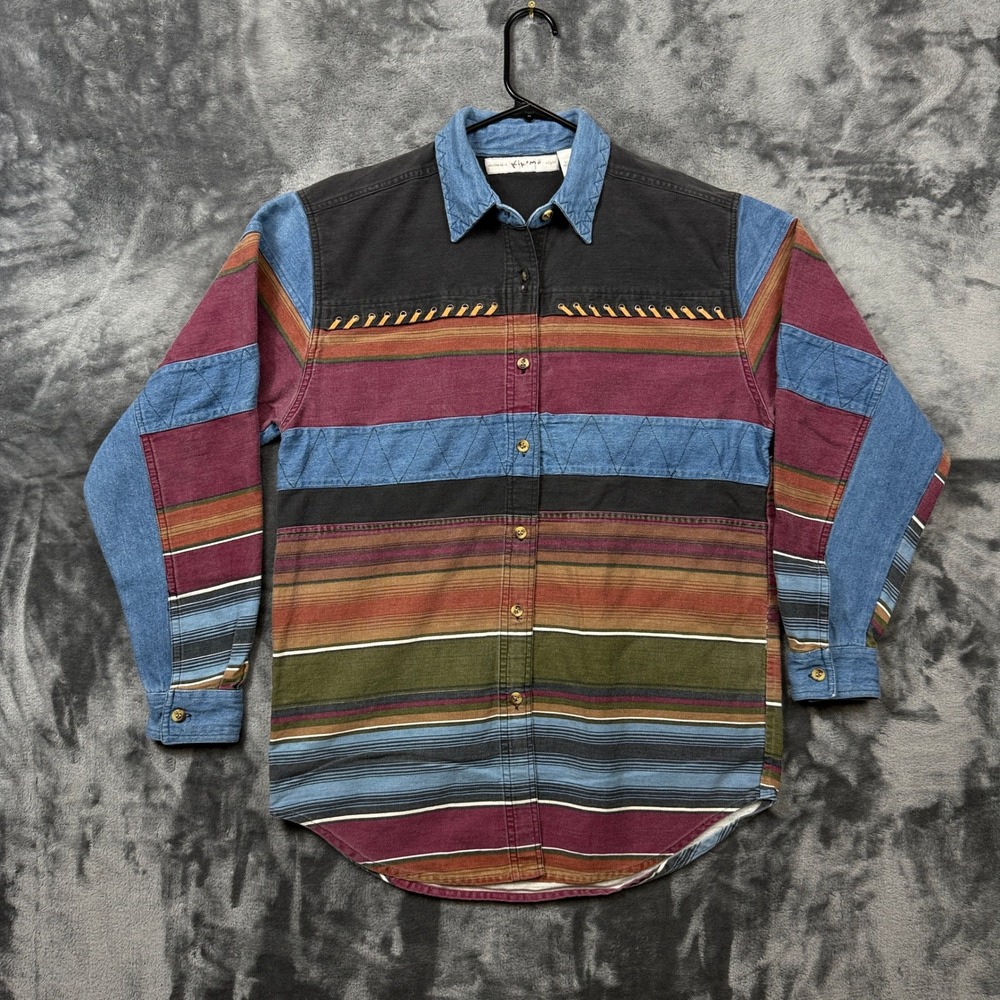 Kikomo Button Down Shirt Womens Medium Multicolor Good Southwestern Denim Stripe